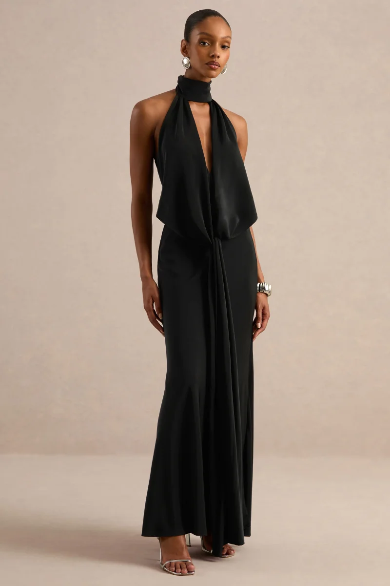 Canella | Vestido Largo De Satén Negro Con Escote Halter Y Detalle De Cinta - Imagen 4