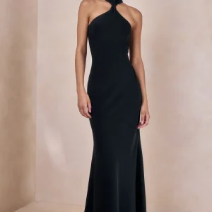 Bellora | Vestido Largo Negro De Satén Con Cuello Halter Y Detalle De Bufanda