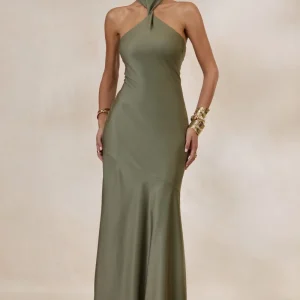 Bellora | Vestido Largo Caqui De Satén Con Escote Halter Y Detalle De Bufanda