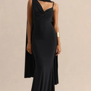 Armelia | Vestido Largo Negro Con Escote Drapeado Y Detalle De Pañuelo
