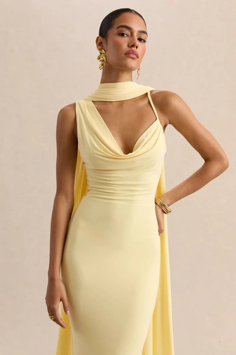 Armelia | Vestido Largo Color Limón De Jersey Elástico Con Escote Cowl Y Detalle De Bufanda - Imagen 9