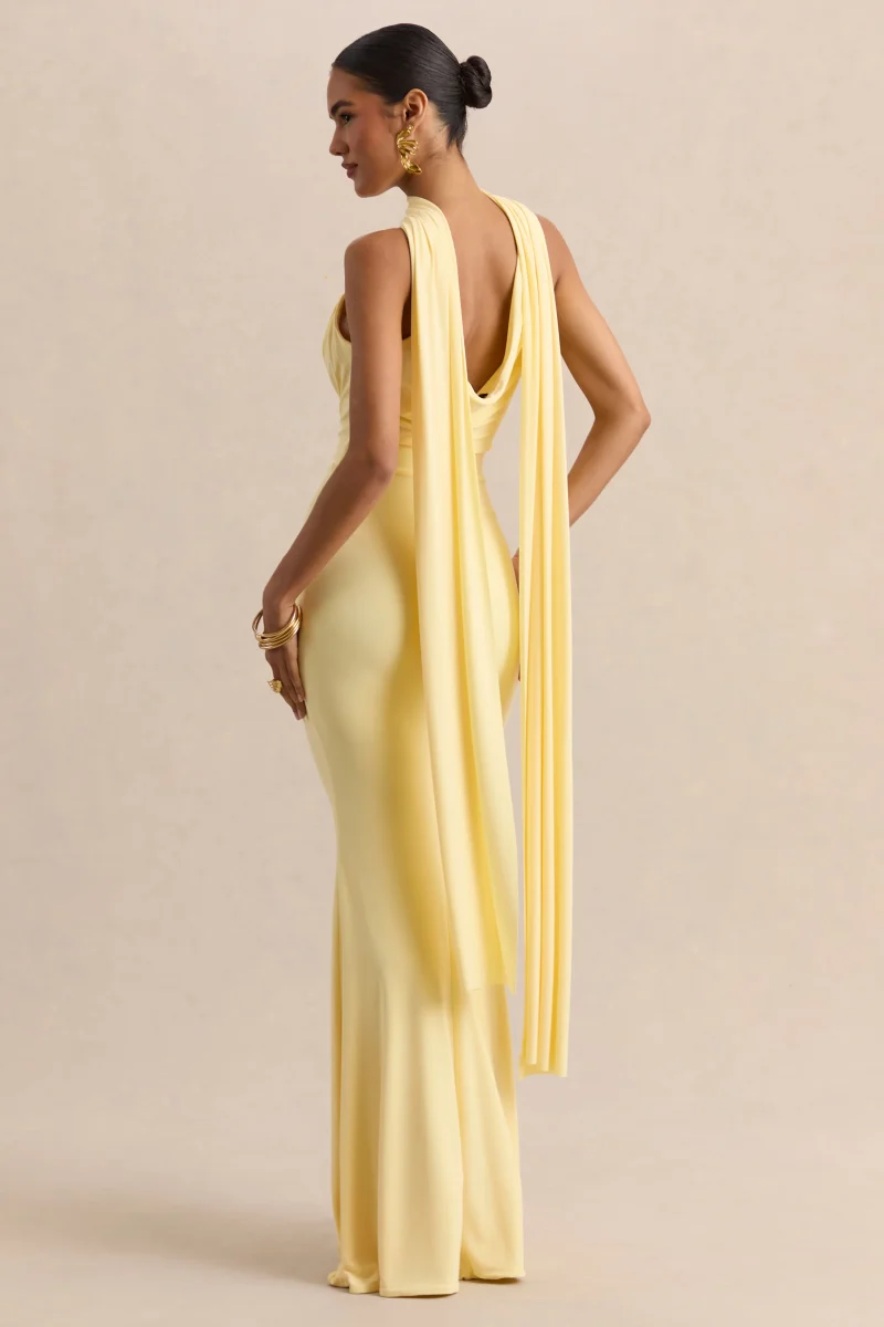 Armelia | Vestido Largo Color Limón De Jersey Elástico Con Escote Cowl Y Detalle De Bufanda - Imagen 3