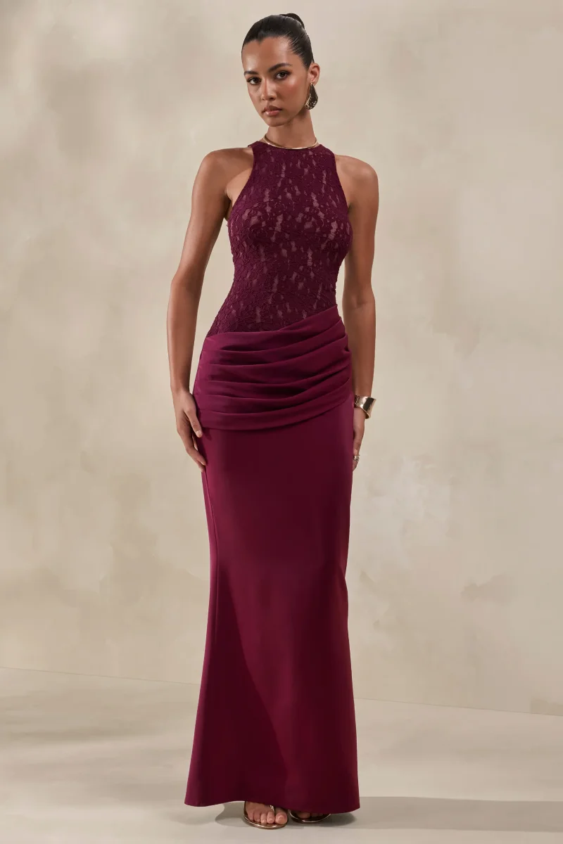 Anthelia | Vestido Largo Burdeos De Encaje Y Satén Con Cuello Racer Y Detalle Drapeado - Imagen 6