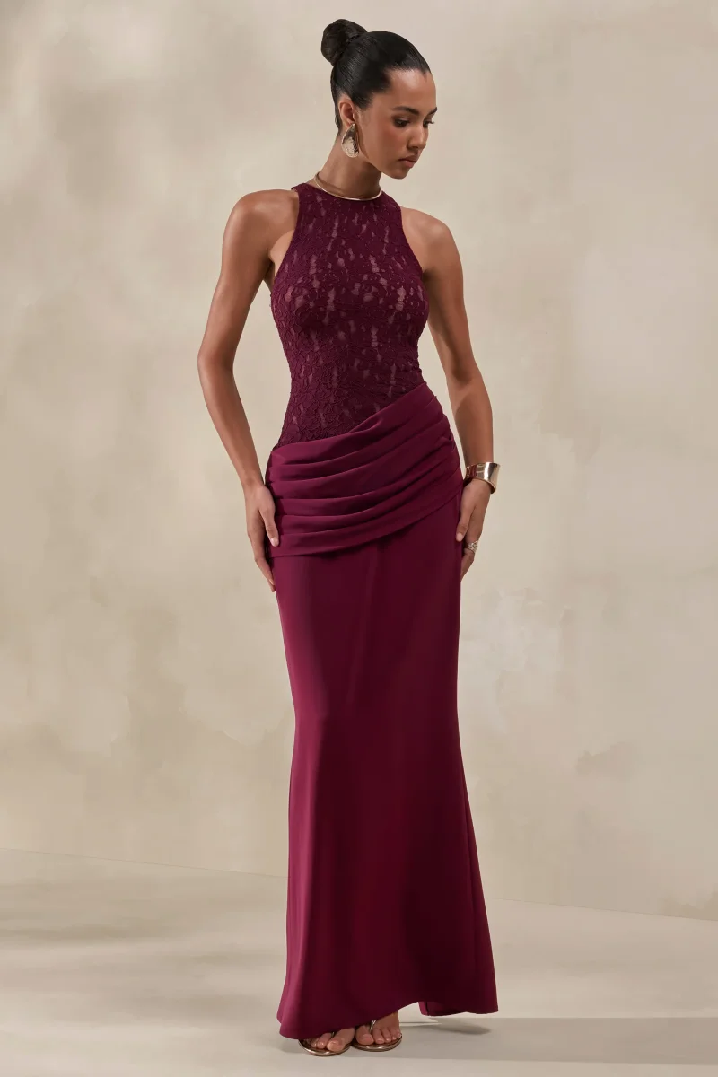 Anthelia | Vestido Largo Burdeos De Encaje Y Satén Con Cuello Racer Y Detalle Drapeado - Imagen 5