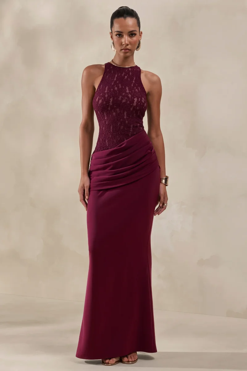 Anthelia | Vestido Largo Burdeos De Encaje Y Satén Con Cuello Racer Y Detalle Drapeado - Imagen 2