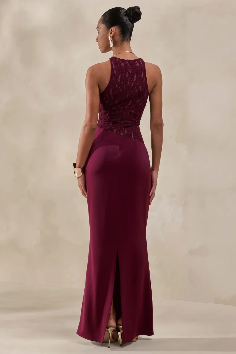 Anthelia | Vestido Largo Burdeos De Encaje Y Satén Con Cuello Racer Y Detalle Drapeado - Imagen 3