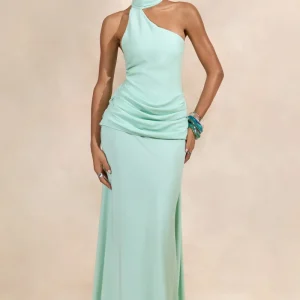 Aevina | Vestido Largo Menta De Satén Con Cuello Asimétrico Y Detalle De Pañuelo