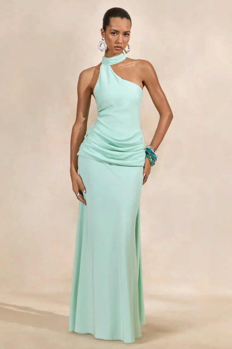 Aevina | Vestido Largo Menta De Satén Con Cuello Asimétrico Y Detalle De Pañuelo