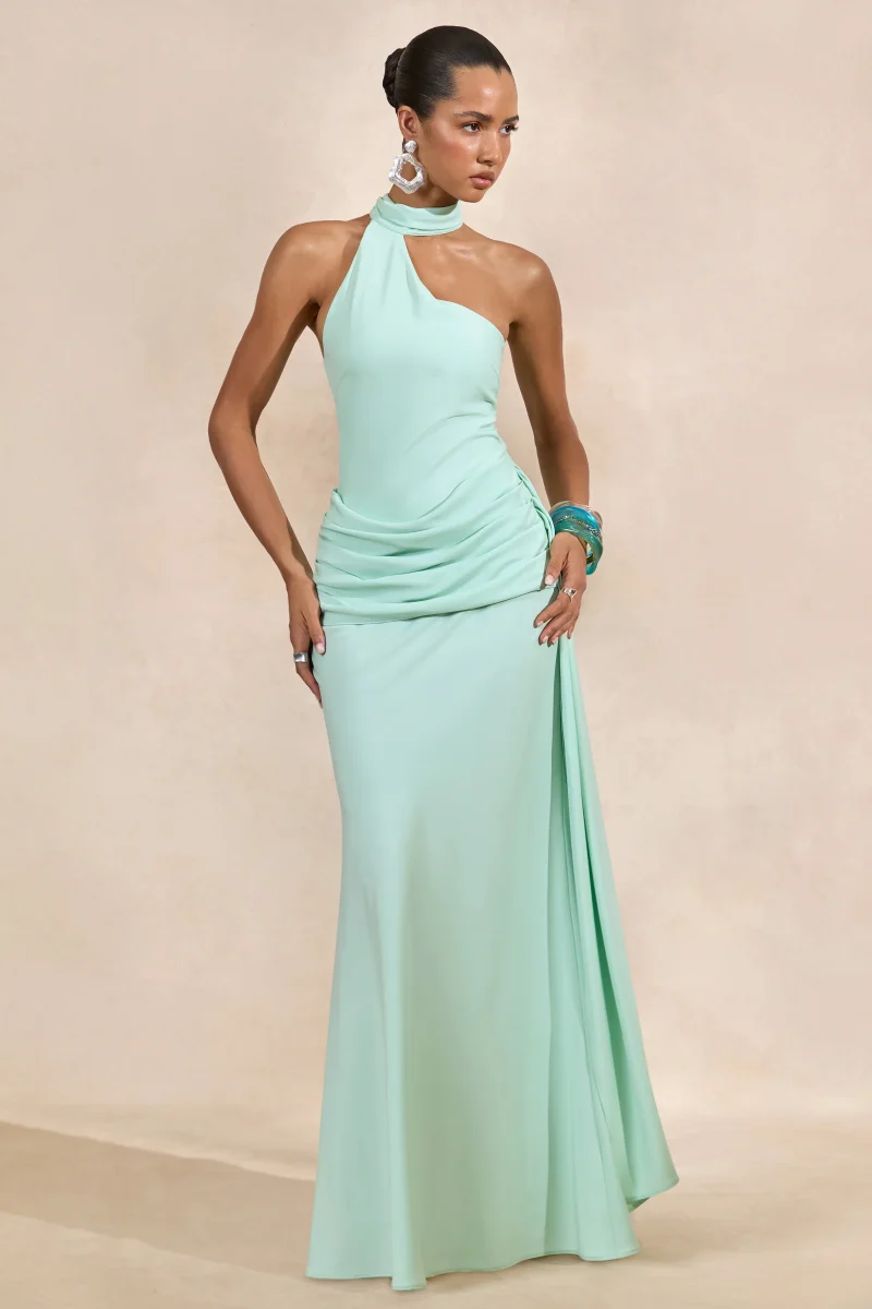 Aevina | Vestido Largo Menta De Satén Con Cuello Asimétrico Y Detalle De Pañuelo - Imagen 5