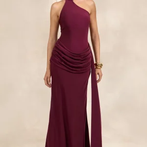 Aevina | Vestido Largo Burdeos De Satén Con Cuello Asimétrico Y Detalle De Pañuelo