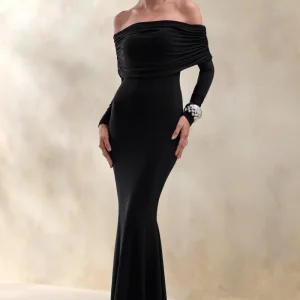 Brisea | Vestido Largo Negro Con Escote Bardot Y Manga Larga