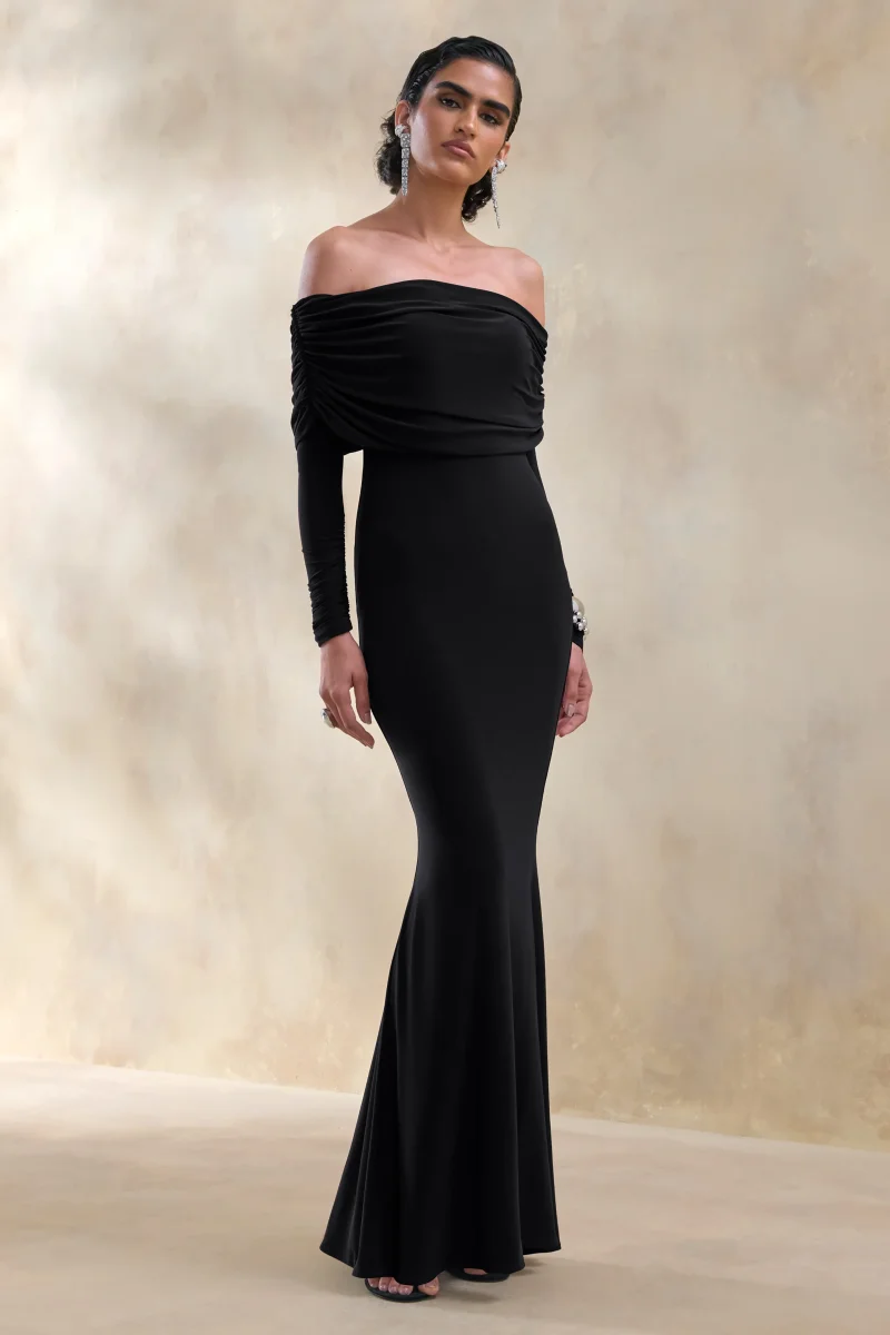 Brisea | Vestido Largo Negro Con Escote Bardot Y Manga Larga - Imagen 6