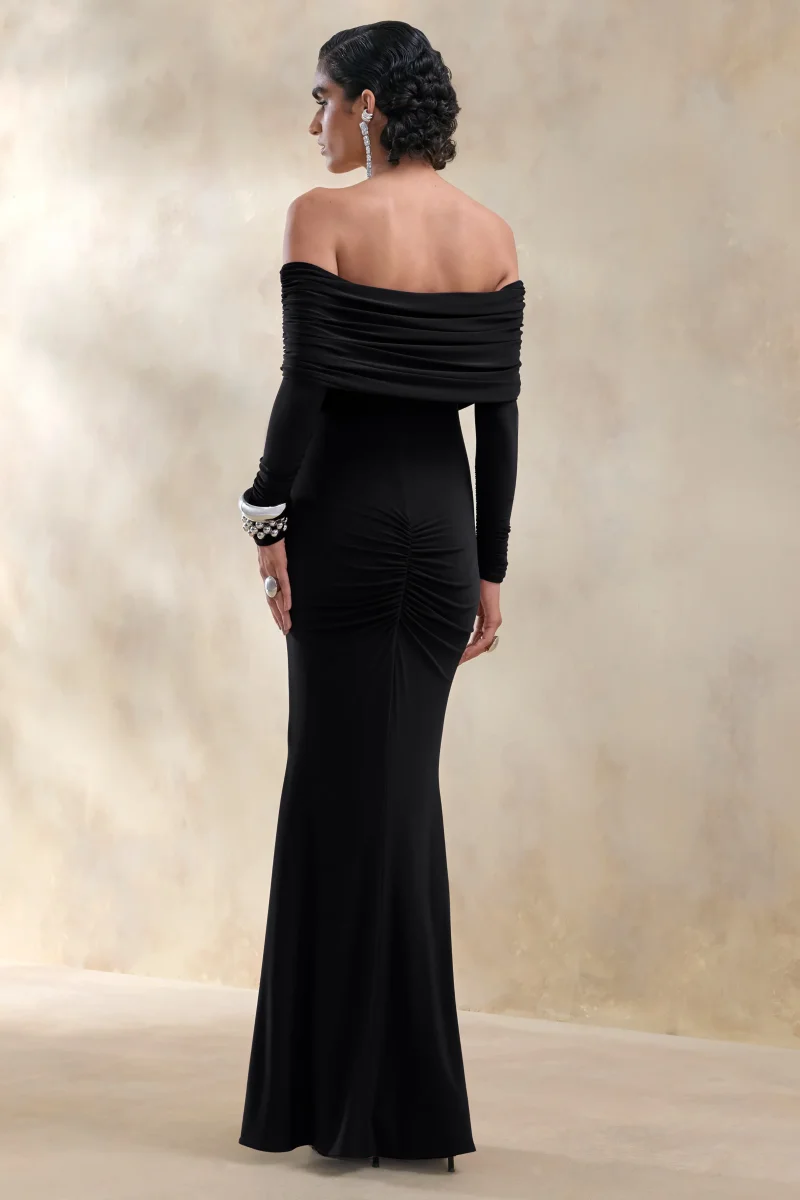 Brisea | Vestido Largo Negro Con Escote Bardot Y Manga Larga - Imagen 3