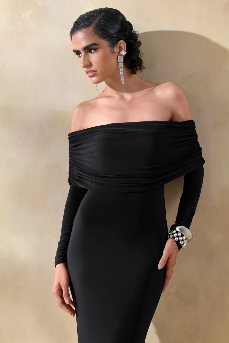 Brisea | Vestido Largo Negro Con Escote Bardot Y Manga Larga - Imagen 4