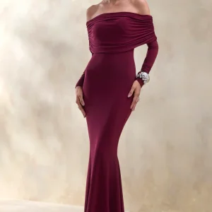 Brisea | Vestido Largo Burdeos De Jersey Elástico Con Escote Bardot