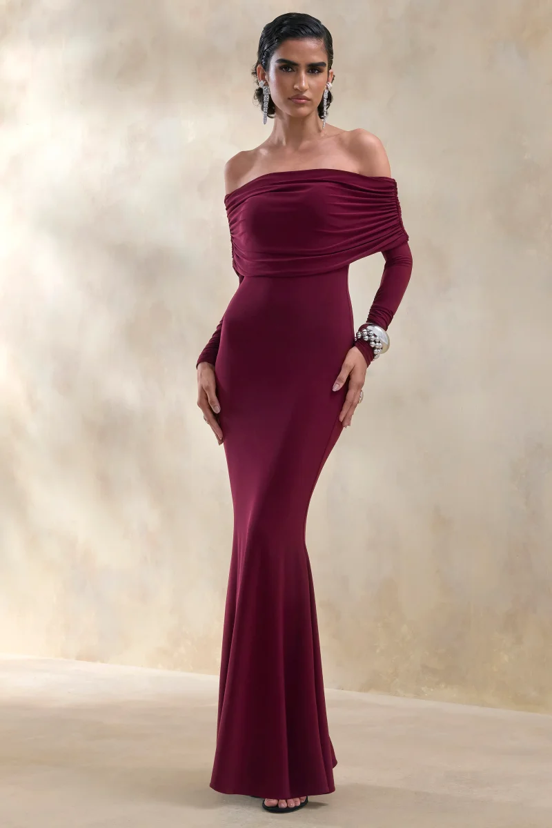 Brisea | Vestido Largo Burdeos De Jersey Elástico Con Escote Bardot - Imagen 2
