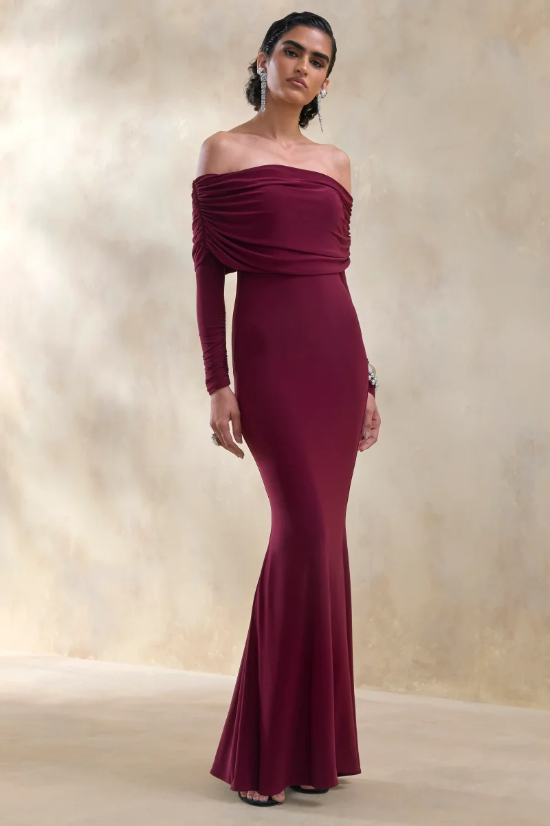 Brisea | Vestido Largo Burdeos De Jersey Elástico Con Escote Bardot - Imagen 5