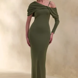 Silvaria | Vestido Largo Oliva De Jersey Con Escote Asimétrico Retorcido Y Una Manga Larga