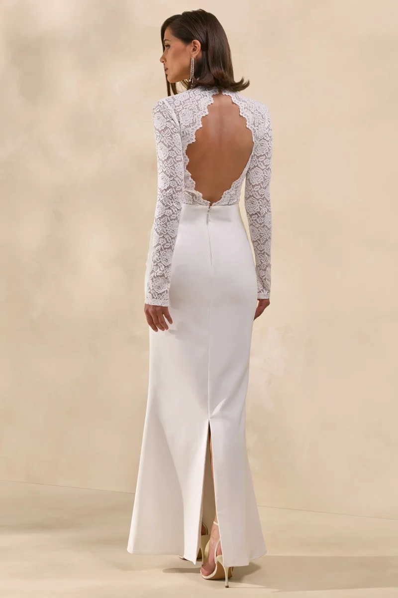 Yarrow | Vestido Largo blanco de encaje con cuello alto y espalda abierta - Imagen 3