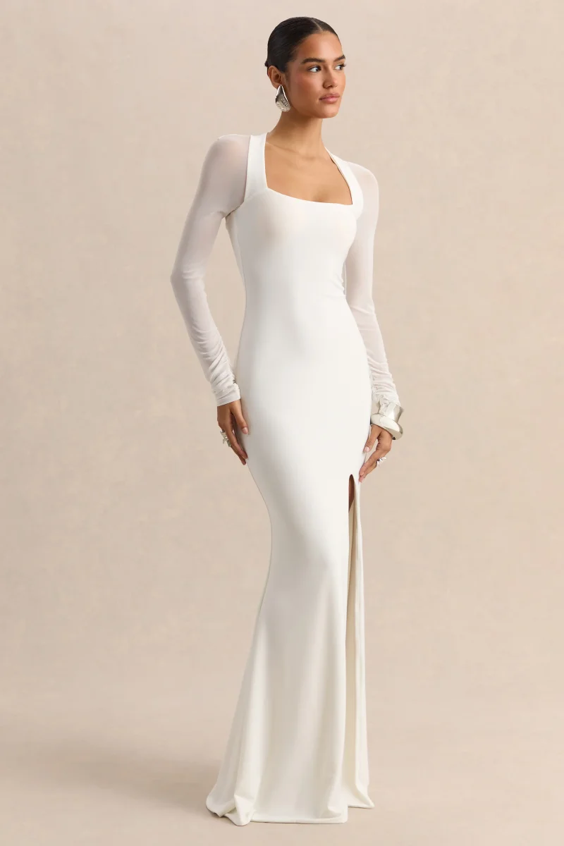 Fleurisia | Blanco Escote Cuadrado Vestido Largo con Mangas Largas de Malla - Imagen 5