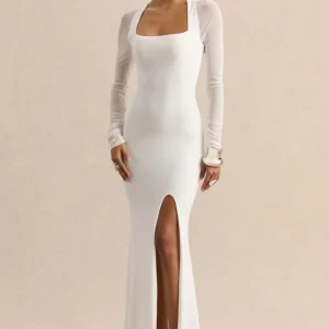 Fleurisia | Blanco Escote Cuadrado Vestido Largo con Mangas Largas de Malla