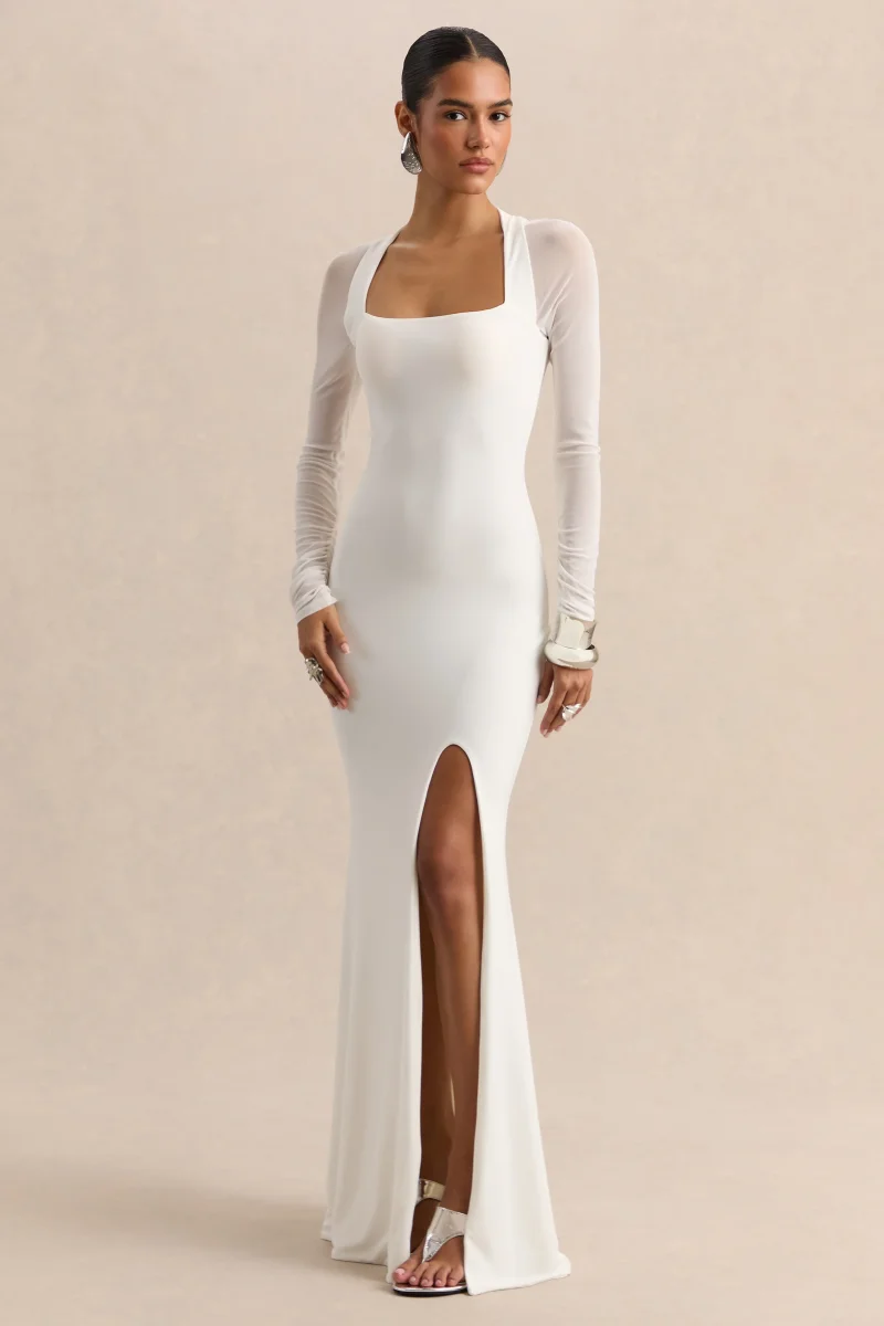 Fleurisia | Blanco Escote Cuadrado Vestido Largo con Mangas Largas de Malla - Imagen 2