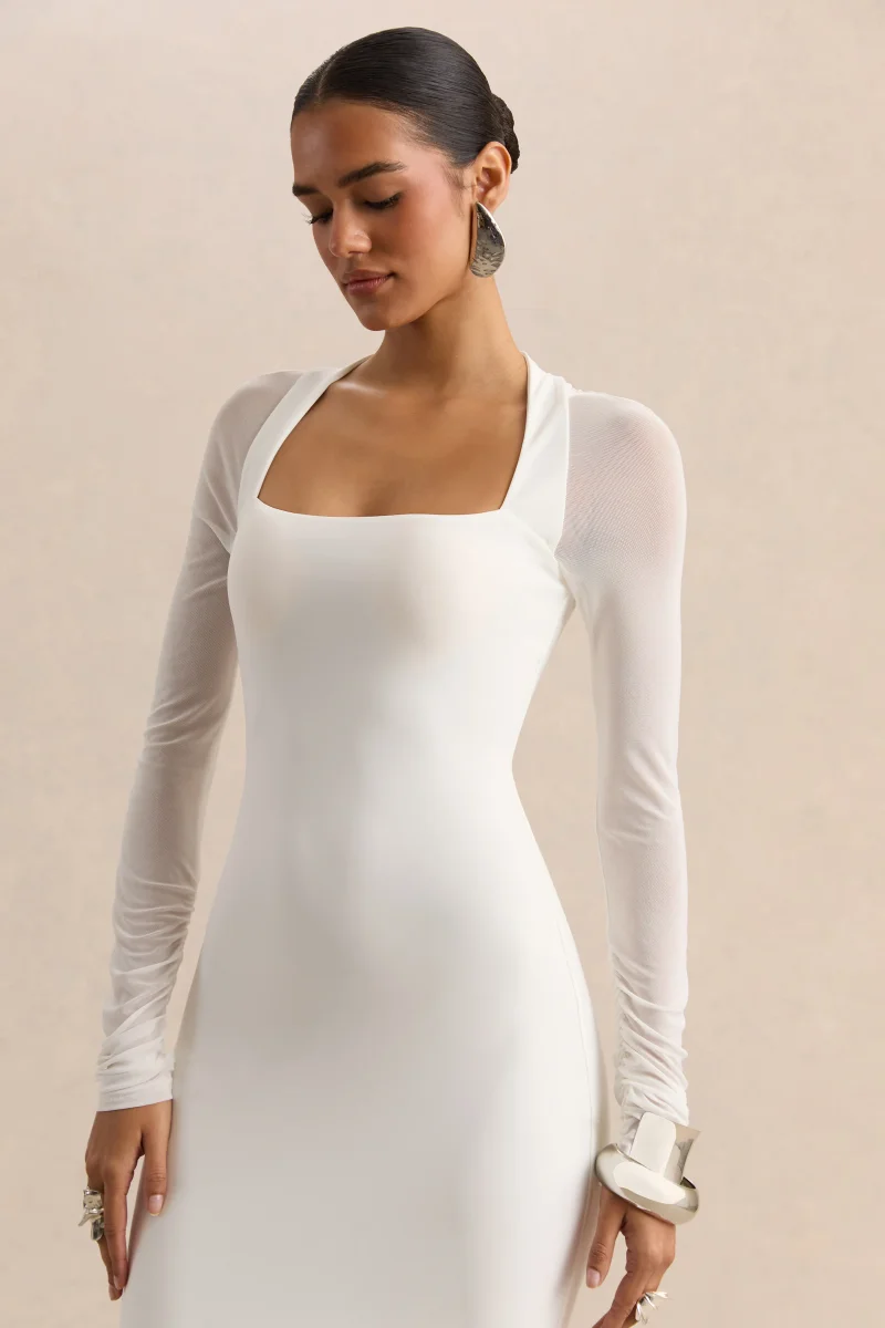 Fleurisia | Blanco Escote Cuadrado Vestido Largo con Mangas Largas de Malla - Imagen 4