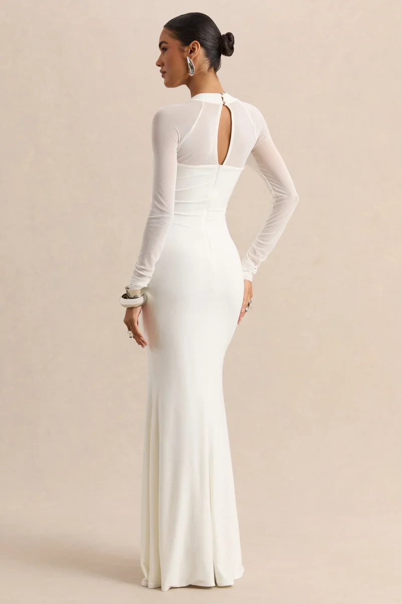 Fleurisia | Blanco Escote Cuadrado Vestido Largo con Mangas Largas de Malla - Imagen 3