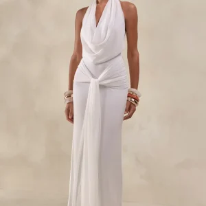 Rosetide | Vestido Largo Blanco De Cuello Cowl Con Detalle Fruncido Y Faja