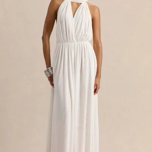 Rylina | Vestido largo de malla blanca con cuello halter, bufanda y espalda descubierta