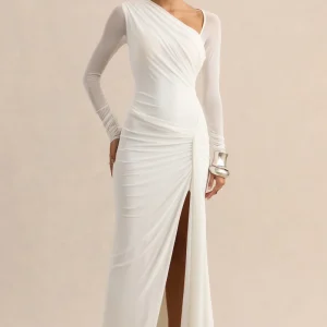 Rimena | Blanco Escote Asimétrico Vestido Largo con Detalle Fruncido y Mangas Largas de Malla