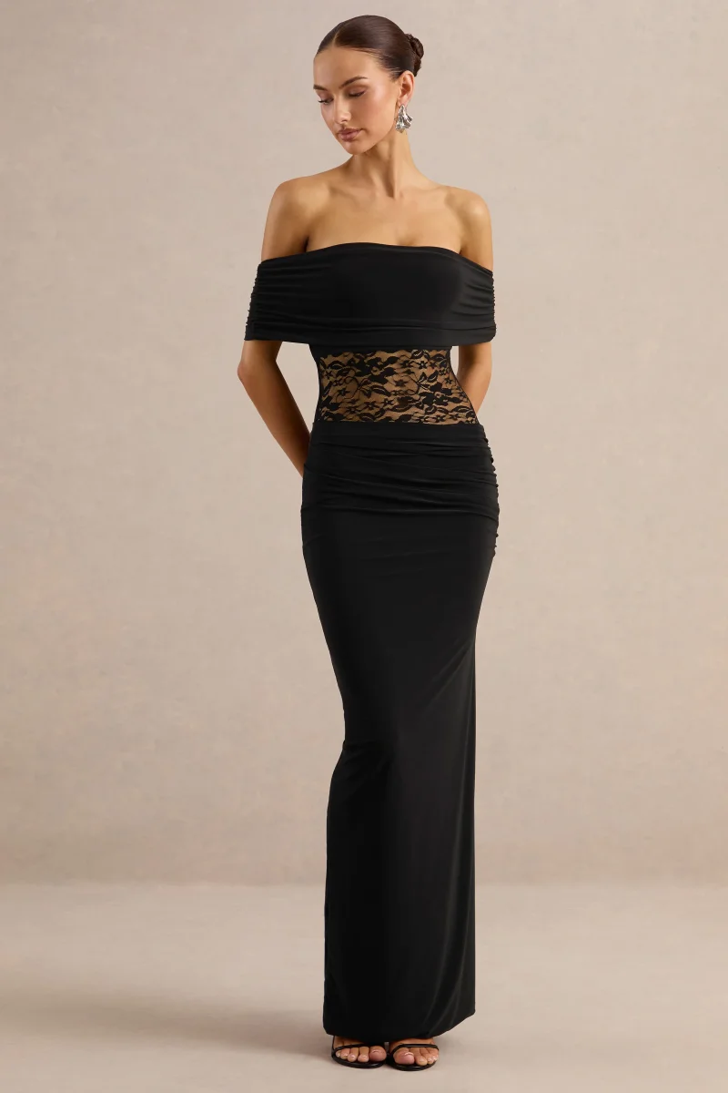 Forsya | Vestido Largo Negro De Jersey Elástico Con Escote Bardot Y Encaje - Imagen 6