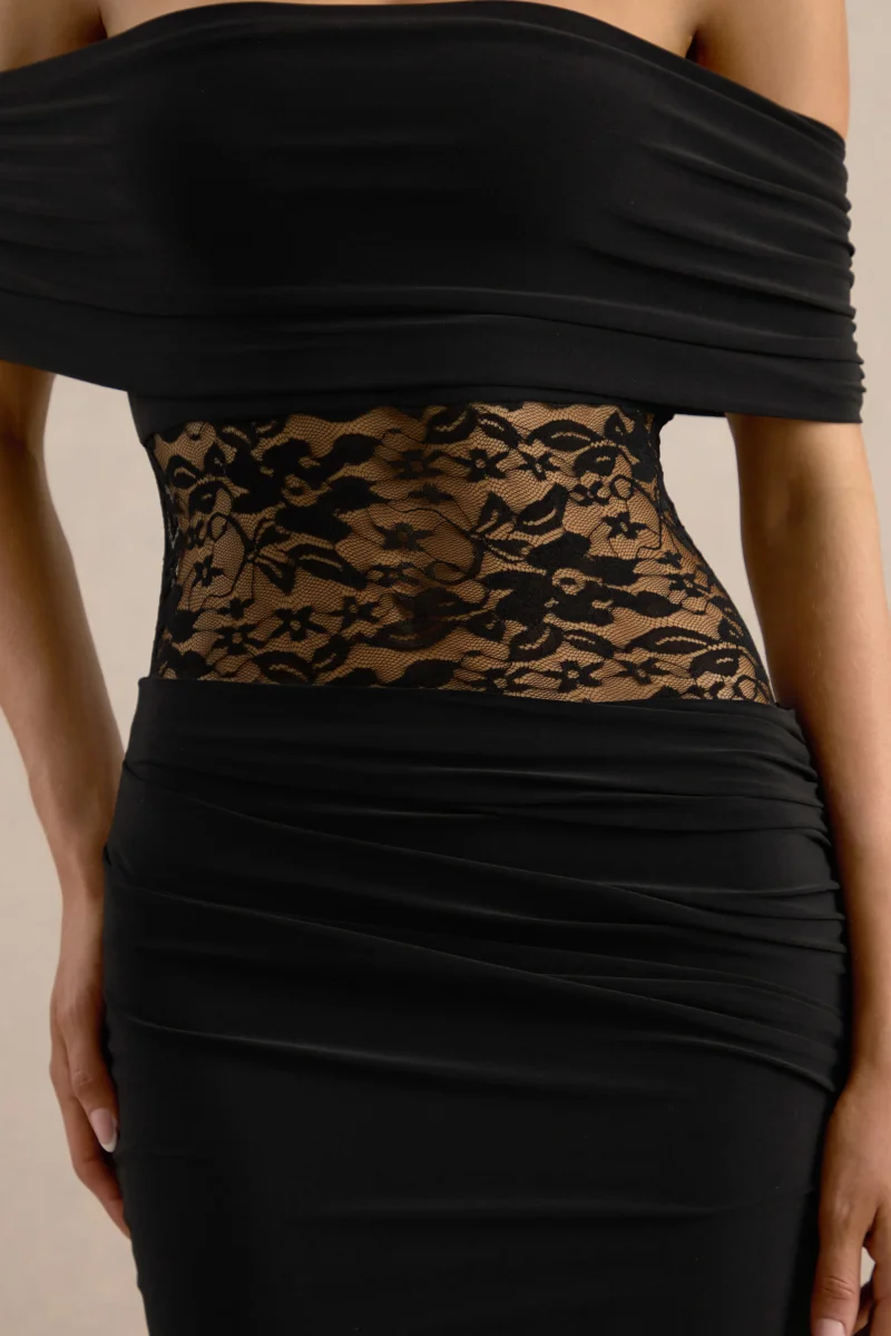Forsya | Vestido Largo Negro De Jersey Elástico Con Escote Bardot Y Encaje - Imagen 7