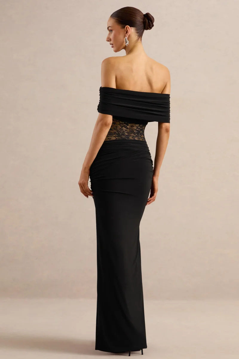 Forsya | Vestido Largo Negro De Jersey Elástico Con Escote Bardot Y Encaje - Imagen 3