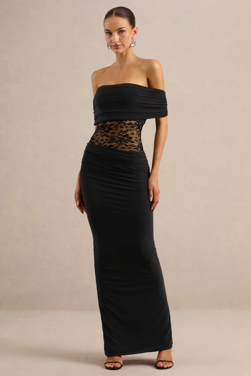 Forsya | Vestido Largo Negro De Jersey Elástico Con Escote Bardot Y Encaje - Imagen 4