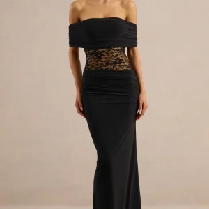 Forsya | Vestido Largo Negro De Jersey Elástico Con Escote Bardot Y Encaje
