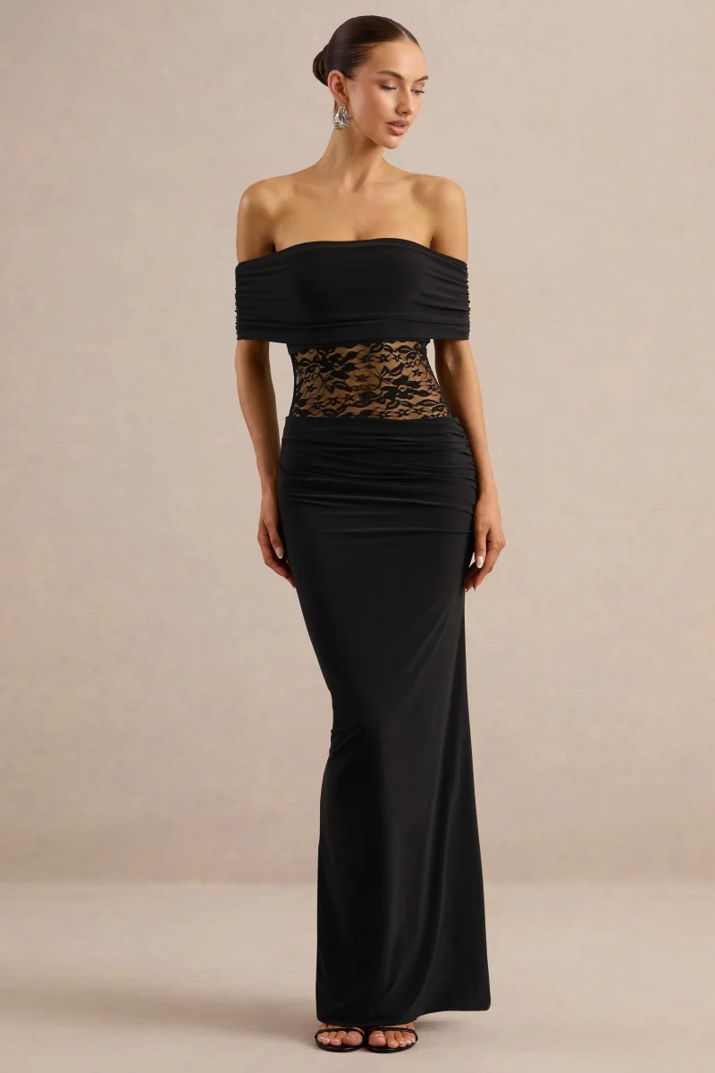 Forsya | Vestido Largo Negro De Jersey Elástico Con Escote Bardot Y Encaje