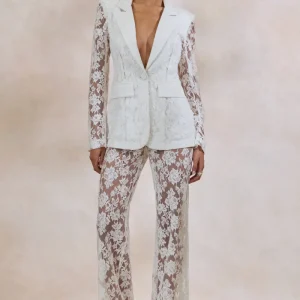 Viloria | Pantalón De Pierna Ancha Blanco De Encaje Premium