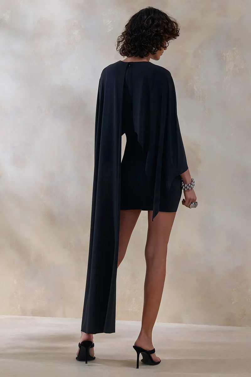 Prislia | Negro Cuello Redondo Vestido Corto con Capa - Imagen 3