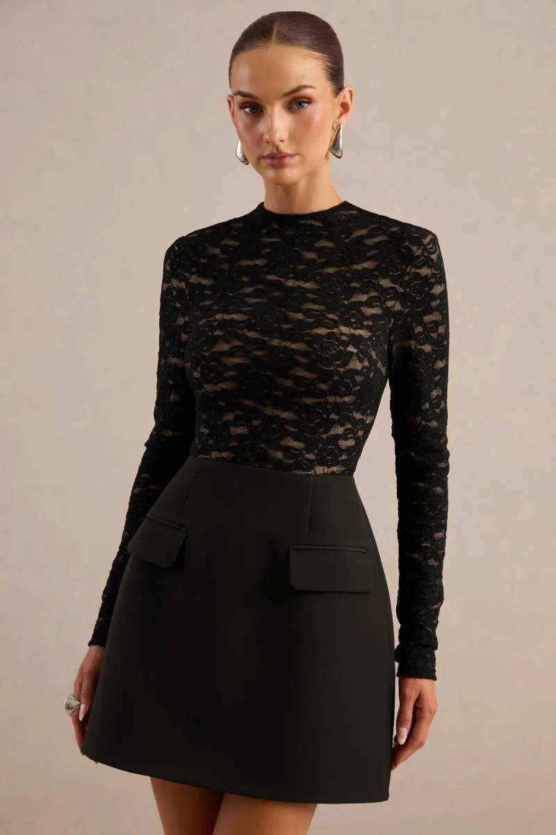 Mysteria | Vestido Corto Negro De Encaje Con Cuello Alto Y Detalle De Bolsillos - Imagen 6