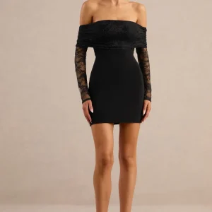 Incantelle | Vestido Corto Negro De Cuello Bardot Con Mangas De Encaje