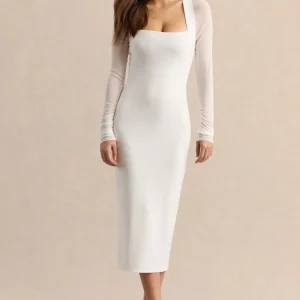 Kaelina | Vestido Midi Blanco Con Escote Cuadrado