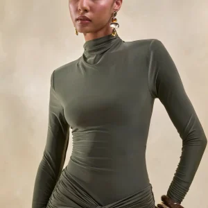 Lyanna | Body Khaki De Jersey Elástico Premium Con Cuello Alto Y Hombros Acolchados