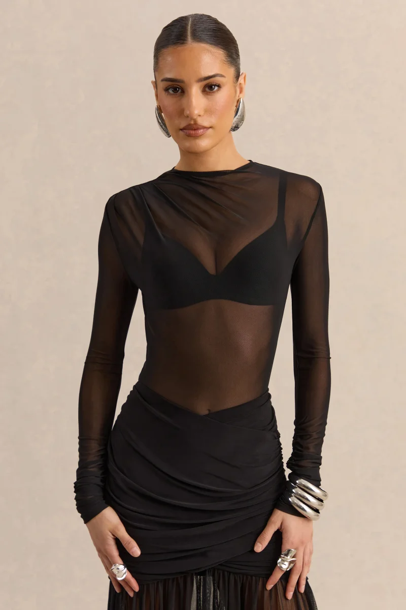 Garina | Body Negro De Malla Con Cuello Alto Y Manga Larga - Imagen 2