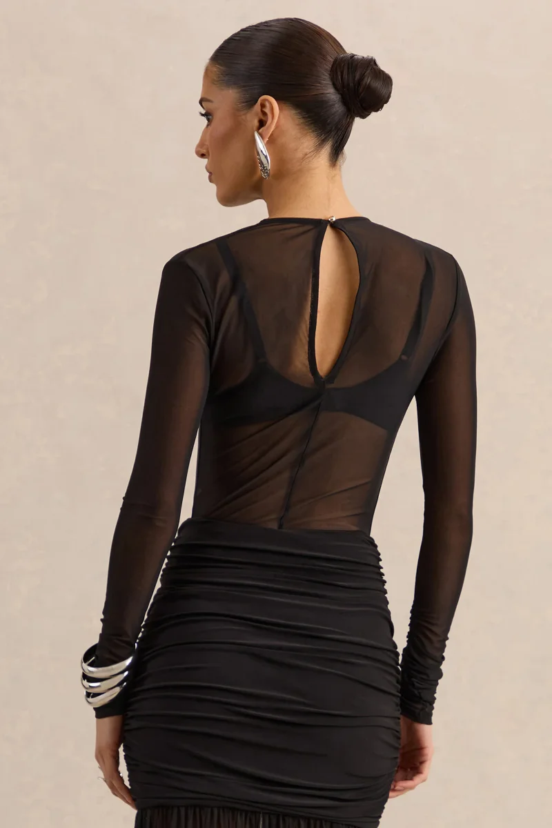 Garina | Body Negro De Malla Con Cuello Alto Y Manga Larga - Imagen 3
