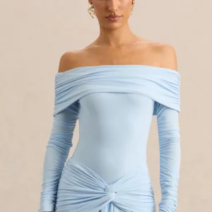 Helia | Body azul con escote Bardot y mangas largas fruncidas