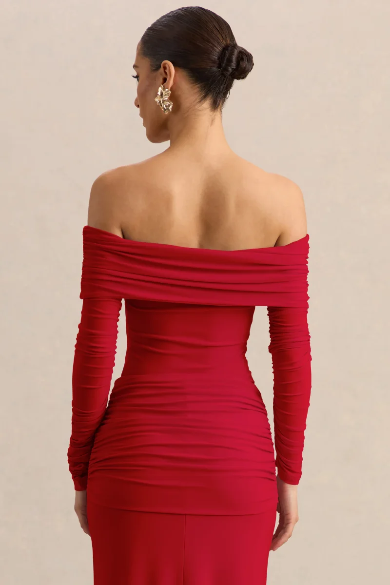 Helia | Body Tanga Rojo Con Escote Bardot Y Manga Larga Fruncida - Imagen 3