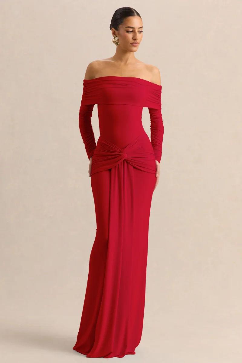 Helia | Body Tanga Rojo Con Escote Bardot Y Manga Larga Fruncida - Imagen 5