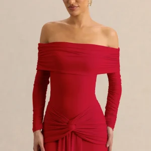 Helia | Body Tanga Rojo Con Escote Bardot Y Manga Larga Fruncida