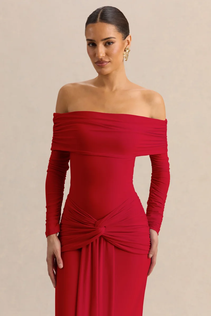 Helia | Body Tanga Rojo Con Escote Bardot Y Manga Larga Fruncida - Imagen 2